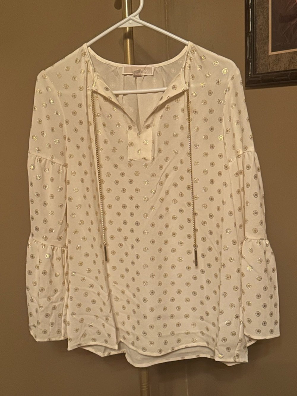 Michael Kors Cream Tie-Neck Blouse with Metallic Dot Accents